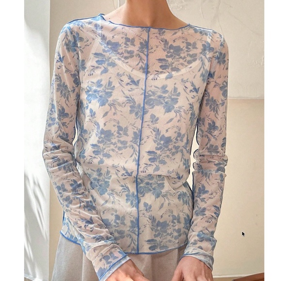 Blue Floral Sheer Long Sleeve Tee - Picture 3 of 6